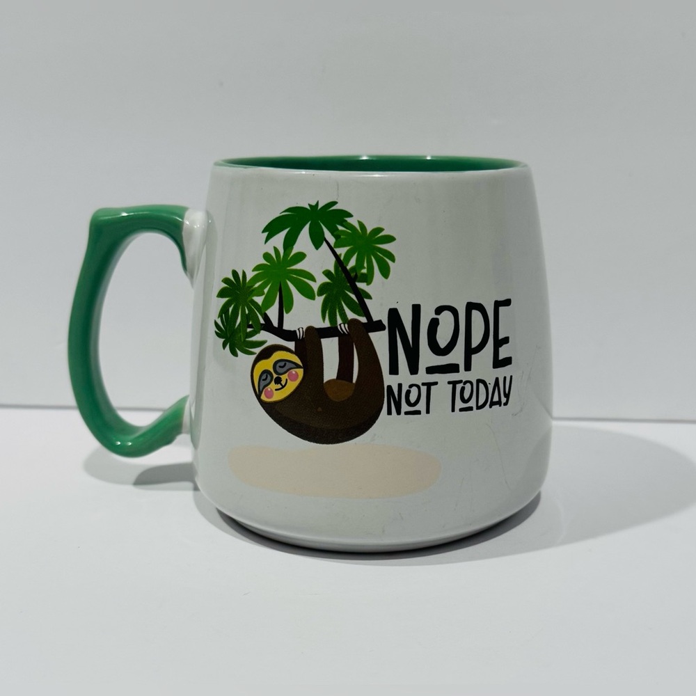 Sloth Coffee Mug ‘Nope not Today’! Green & Grey Ceramic NWOT